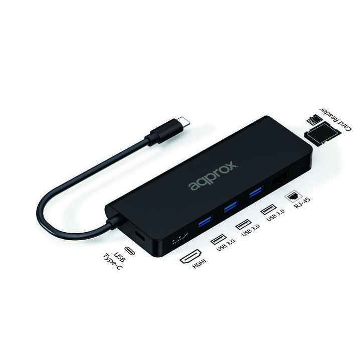 Approx 8 en 1 Hub USB-C con 3x USB-A 3.0 - 1x HDMI - 1x RJ-45 - 1x USB-C PD - Lector microSD y Lector SD - Cable de 18cm