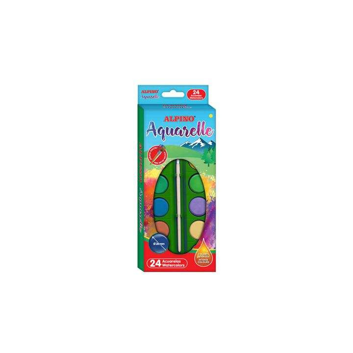 Alpino Pack de 24 Acuarelas - 28mm Diametro - Colores Intensos - Incluye Pincel - Colores Surtidos