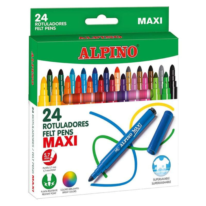 Alpino Pack de 24 Maxi Rotuladores Gruesos - Punta de 6mm - Superlavables
