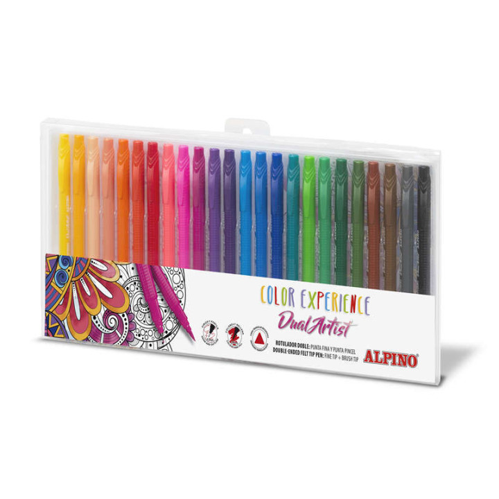 Alpino Color Experience Pack de 24 Rotuladores Doble Punta con Punta Pincel - Forma Triangular Ergonomica - Punta Fine Liner de