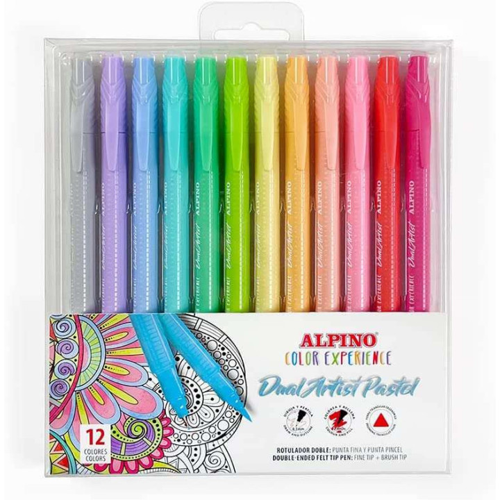 Alpino Color Experience Pack de 12 Rotuladores Pastel Doble Punta - Forma Triangular Ergonomica - Puntas Fine Liner de 0.7mm y