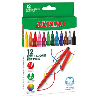 Alpino Pack de 12 Rotuladores Escolares - Punta Fina de 3mm - Superlavables y Brillantes - Ideal para Creatividad y Manualidade