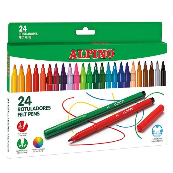 Alpino Pack de 24 Rotuladores Escolares - Punta Fina de 3mm - Superlavables y Brillantes - Desarrolla la Creatividad - Colores