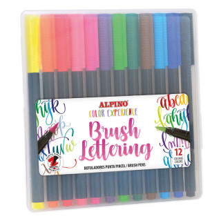 Alpino Color Experience Pack de 12 Rotuladores Brush Lettering - Punta Pincel de 4.55mm - Tinta Base Agua - Colores Vivos y Bri