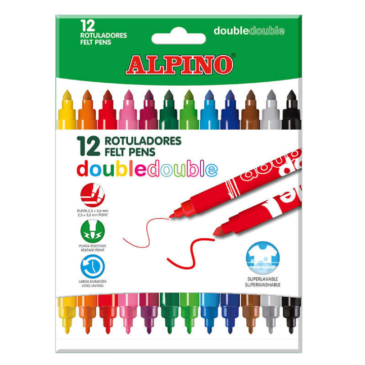 Alpino Pack de 12 Rotuladores Double Double 10+2 - Rotuladores de Doble Punta - Colores Superbrillantes - Tinta Superlavable -