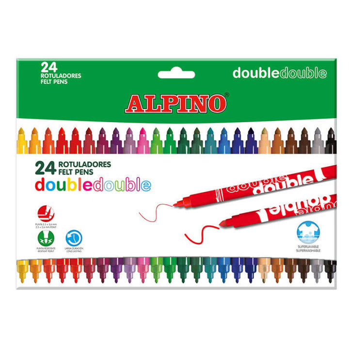 Alpino Pack de 24 Rotuladores de Doble Punta - Caja 20+4 - Pinta Grueso o Fino con un Mismo Rotulador - Superbrillantes y Super