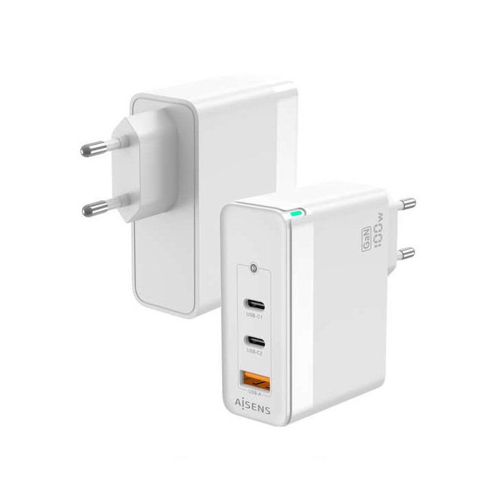 Aisens Cargador GAN 100W - 2xUSB-C PD3.0 QC4.0 QC5.0 - 1xUSB-A QC3.0 - Color Blanco