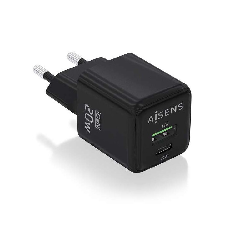 Aisens Cargador Gan 20W - 1xUSB-C PD3.0 QC4.0 - 1xUSB-A QC3.0 - Color Negro