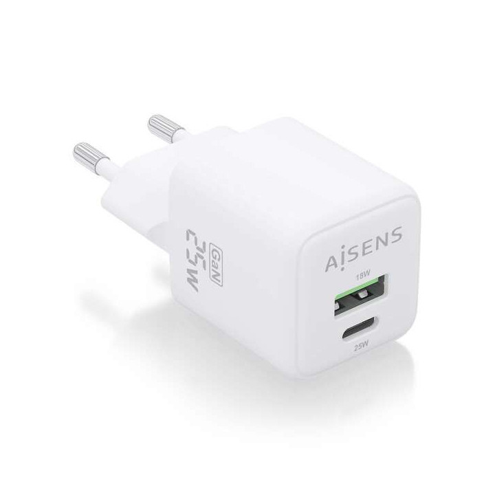 Aisens Cargador Gan 25W - 1xUSB-C PD3.0 QC4.0 - 1xUSB-A QC3.0 - Color Blanco