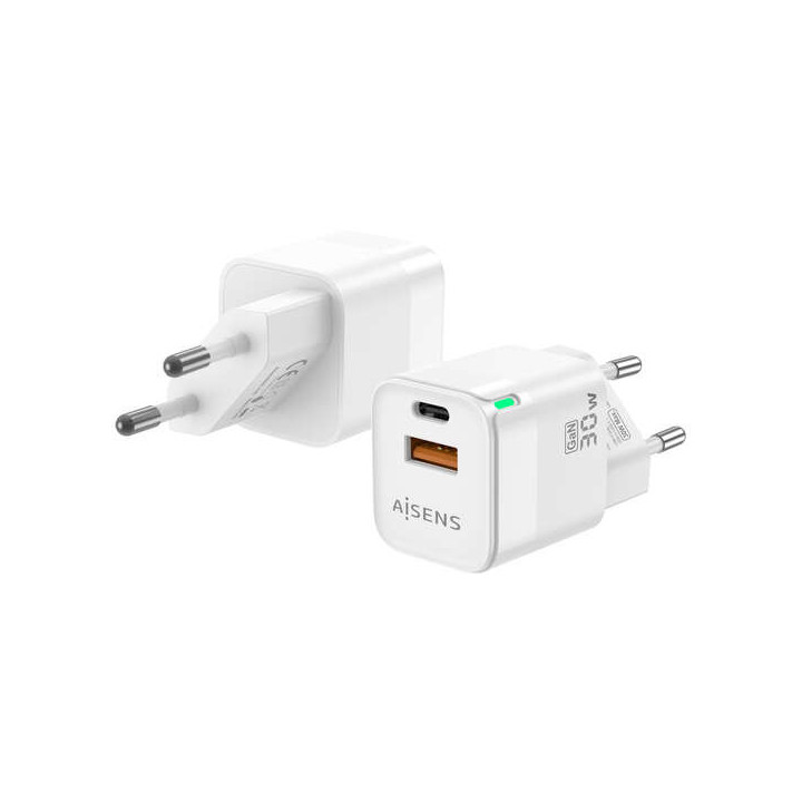 Aisens Cargador GAN 30W - 1xUSB-C PD3.0 QC4.0 - 1xUSB-A QC3.0 -Color Blanco