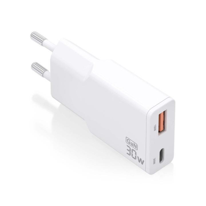 Aisens Cargador GaN Ultra Delgado 30W - 1xUSB-C PD3.0 QC4.0 - 1xUSB-A QC3.0 - Color Blanco