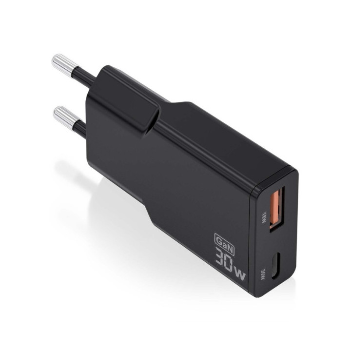 Aisens Cargador GaN Ultra Delgado 30W - 1xUSB-C PD3.0 QC4.0 - 1xUSB-A QC3.0 - Color Negro