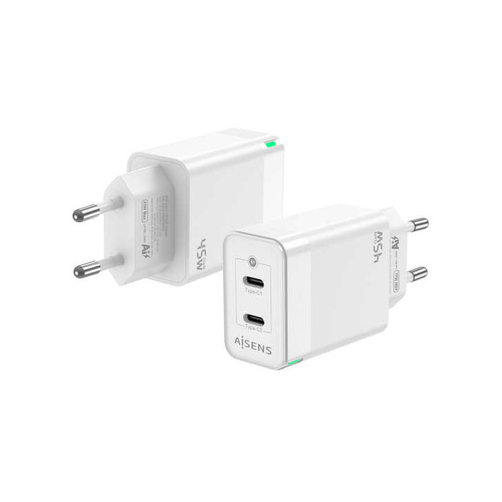 Aisens Cargador GAN 45W - 2xUSB-C PD3.0 QC4.0 - Color Blanco