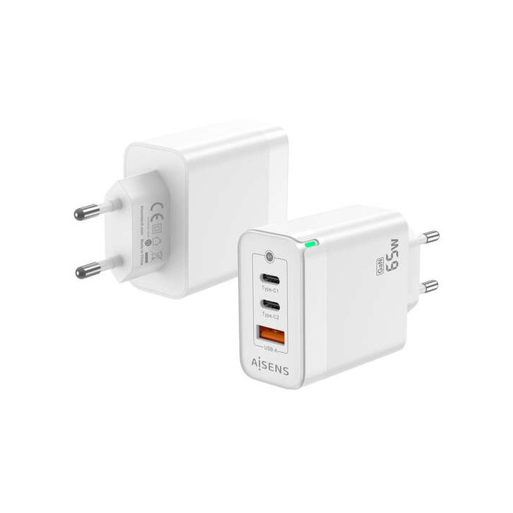 Aisens Cargador GAN 65W - 2xUSB-C PD3.0 QC4.0 - 1xUSB-A QC3.0 - Color Blanco