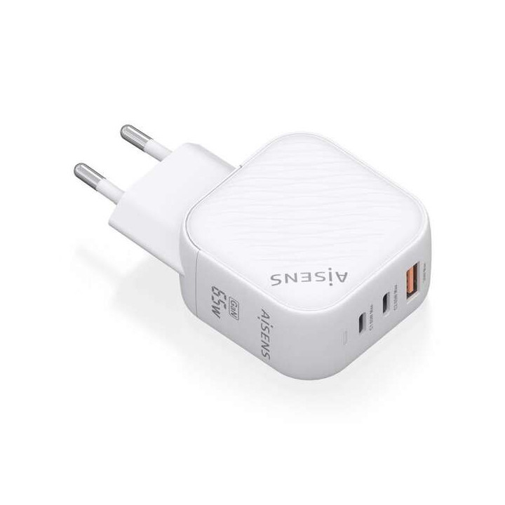 Aisens Cargador GAN 65W - 2xUSB-C PD3.0 QC4.0 - 1xUSB-A QC3.0
