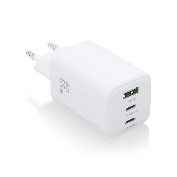 Aisens Cargador Gan USB-C 65W - Alta Eficiencia Energetica - Tecnologia AI - Carga Rapida y Segura - 3 Puertos USB - Compatible
