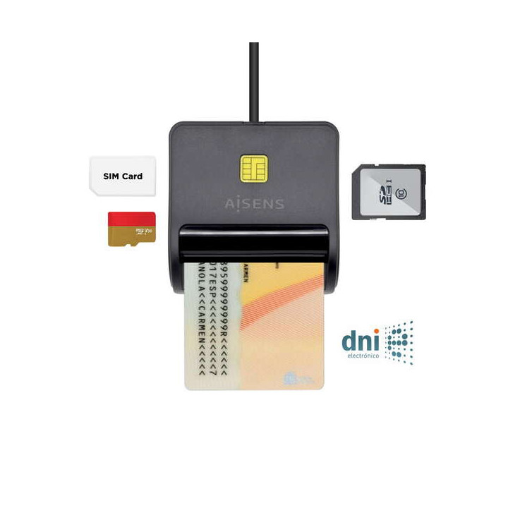 Aisens Lector de Tarjeta Inteligente DNI con Lector de Tarjetas SIM - SD - Micro SD - MMC - RS-MMC - MMC Micro - Color Negro