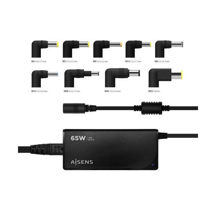 Aisens Cargador 65W Automatico Universal Multitension para Portatil con 9 Conectores + USB-A QC.3.0 - Color Negro