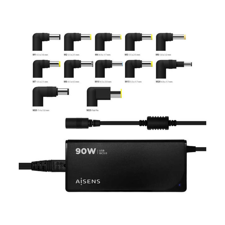Aisens Cargador 90W Automatico Universal Multitension para Portatil con 12 Conectores + USB-A QC.3.0 - Color Negro