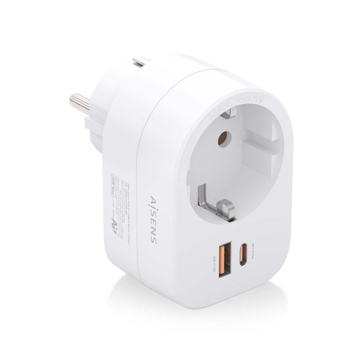 Aisens Regleta de Pared Multifuncion con 1 Toma + 1xUSB-C 20W PD3.0 - 1xUSB-A 20W QC3.0 - Color Blanco