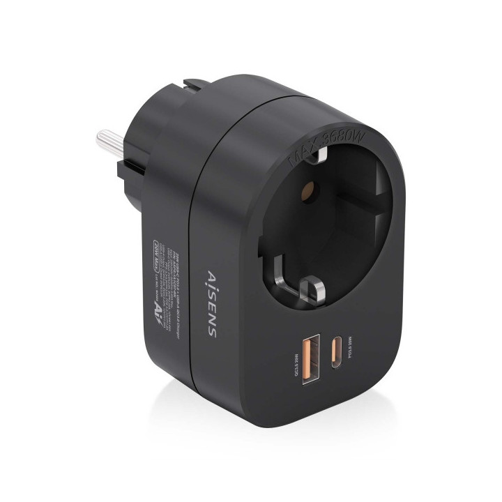Aisens Regleta de Pared Multifuncion con 1 Toma + 1xUSB-C 20W PD3.0 - 1xUSB-A 20W QC3.0 - Color Negro