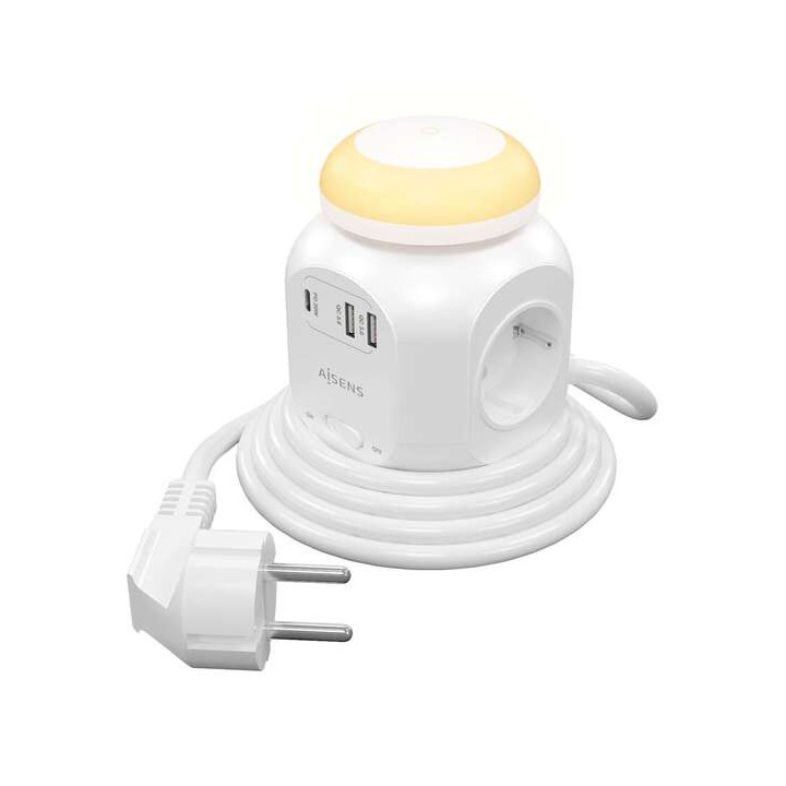 Aisens Regleta de Enchufes Sobremesa Multifuncion con 4 Tomas + 1xUSB-C 20W PD3.0 - 2xUSB-A 18W QC3.0 - Luz Nocturna - 1.8m - C