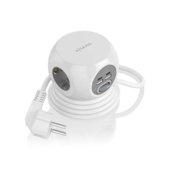 Aisens Regleta de Enchufes Sobremesa Multifuncion con 3 Tomas + 2xUSB-C - 2xUSB-A - 1.4m - Color Blanco