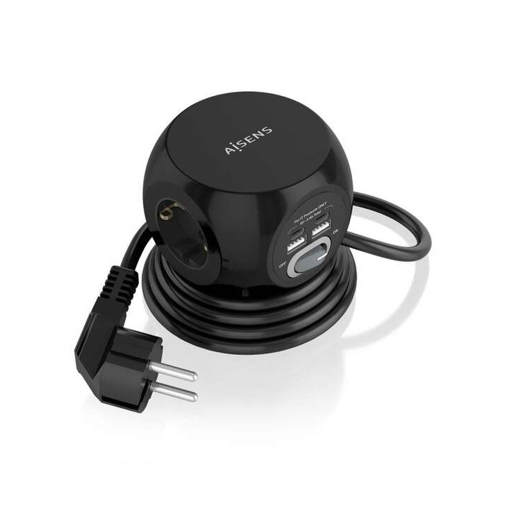 Aisens Regleta de Enchufes Sobremesa Multifuncion con 3 Tomas + 2xUSB-C - 2xUSB-A - 1.4m - Color Negro