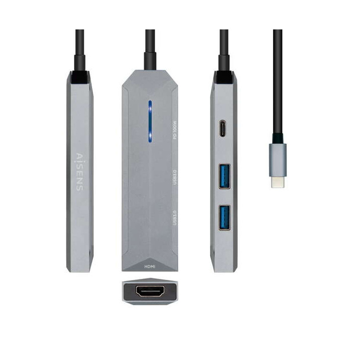 Aisens USB-C Dock 4 en 1 - USB-C a 1xHDMI - 2xUSB - 1xPD - 15cm - Color Gris
