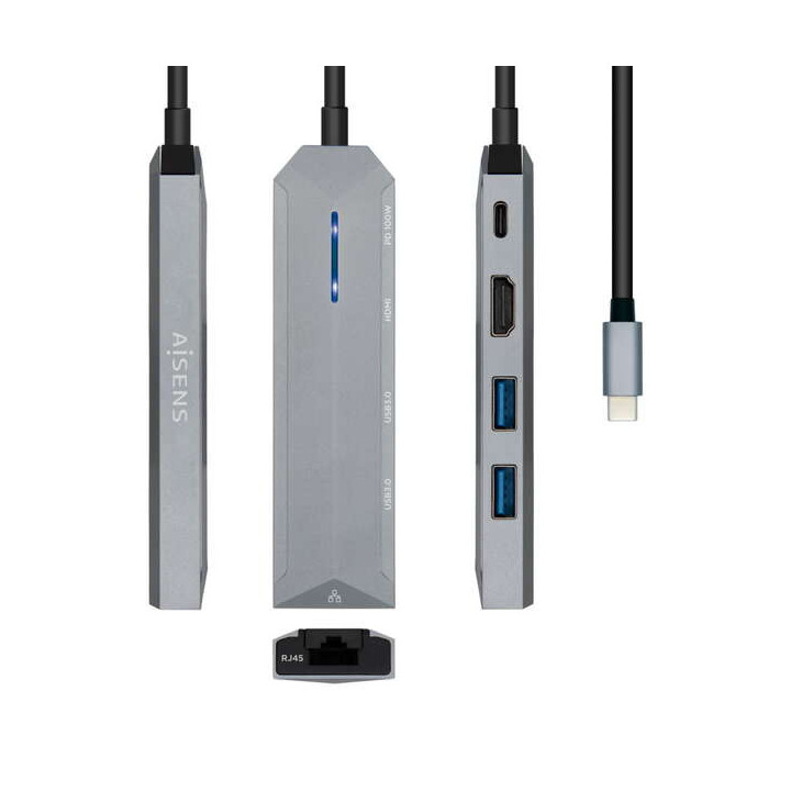 Aisens USB-C Dock 5 en 1 - USB-C a 1xHDMI - 1xRJ45 - 2xUSB - 1xPD - 15cm - Color Gris