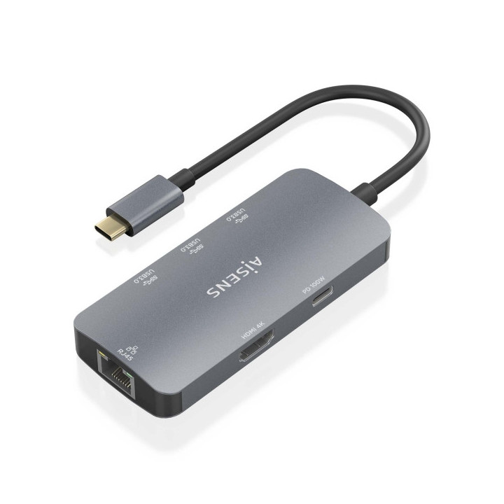 Aisens USB-C Dock 6 en 1 - USB-C a 1xHDMI - 1xRJ45 - 3xUSB-A - 1xUSB-C PD - 15cm - Color Gris