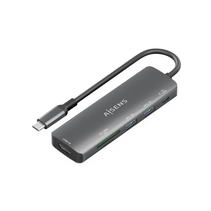 Aisens USB-C Dock 6 en 1 - USB-C a 1xHDMI - 2xUSB-A - 1xUSB-C PD 100W - 1xSD - 1xMicroSD - 15cm - Color Gris