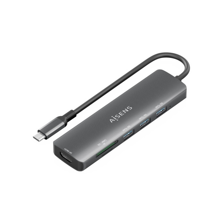 Aisens USB-C Dock 6 en 1 - USB-C a 1xHDMI - 3xUSB-A -  1xSD - 1xMicroSD - 15cm - Color Gris