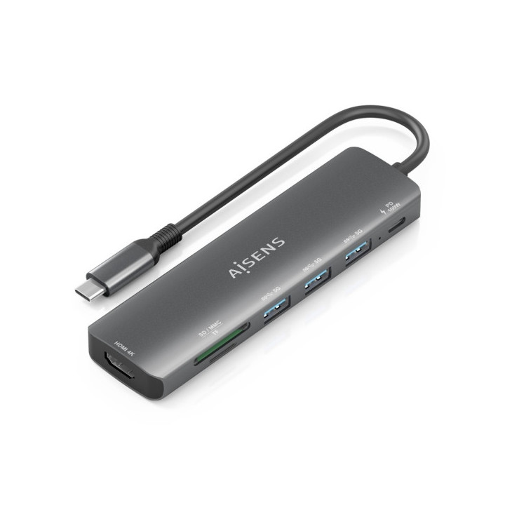 Aisens USB-C Dock 7 en 1 - USB-C a 1xHDMI - 3xUSB-A - 1xUSB-C 100W - 1xSD - 1xMicroSD - 15cm - Color Gris