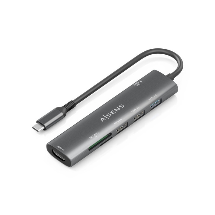 Aisens USB-C Dock 7 en 1 - USB-C a 1xHDMI - 2xUSB-A 2.0 - 1xUSB-A 3.0 - 1xUSB-C 100W - 1xSD - 1xMicroSD - 15cm - Color Gris