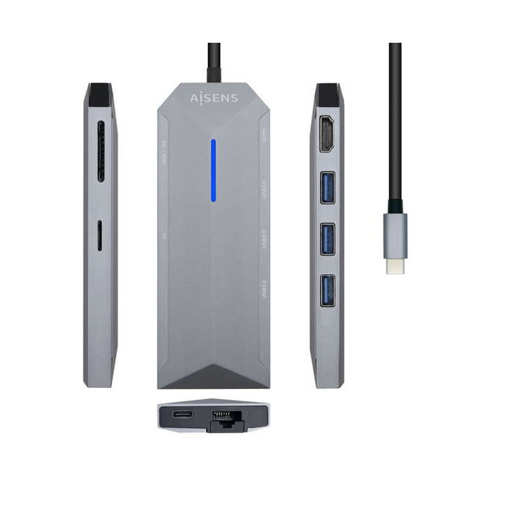 Aisens USB-C Dock 8 en 1 - USB-C a 1xHDMI - 1xRJ45 - 3xUSB - 1xPD - 1xSD - 1xMICRO SD - 15cm - Color Gris