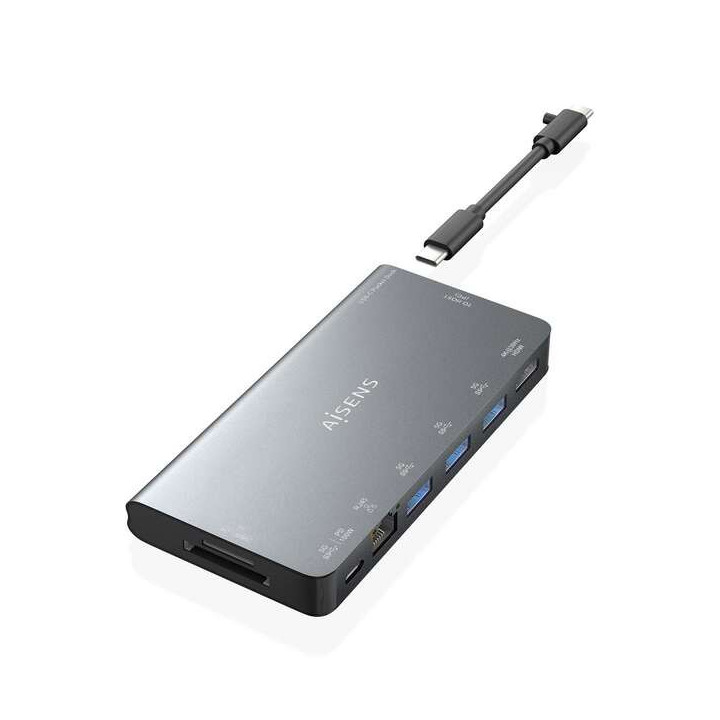 Aisens USB-C Dock 8 en 1 - USB-C a 1xHDMI - 1xRJ45 - 3xUSB-A - 1xUSB-C Datos+PD - 1xSD - 1xMicro SD - 10cm - Color Gris