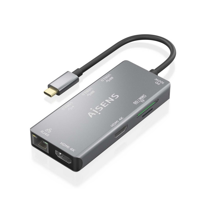 Aisens USB-C Dock 9 en 1 - USB-C a 2xHDMI - 1xRJ45 - 2xUSB-A USB3.0 - 1xUSB-A USB2.0 - 1xUSB-C PD - 1xSD - 1xMicro SD - 15cm -
