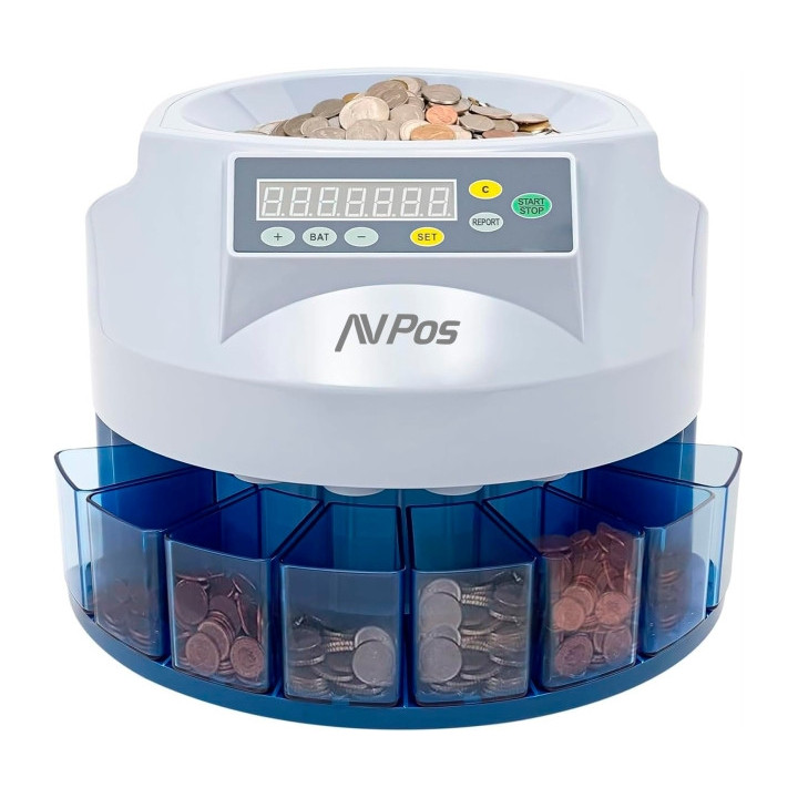 AVPos Contador/Clasificador de Monedas  CCM6 - Monedas Desde 1 Centimo Hasta 2 Euros - Color Blanco/Azul