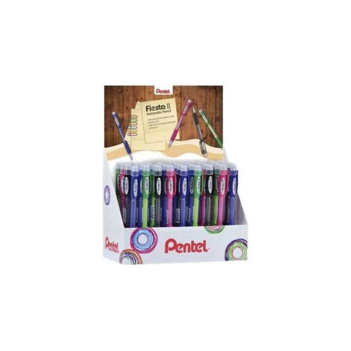 Pentel Fiesta II Expositor de 36 Portaminas HB 0.5mm con Goma - Incluye 2 Recargas - Grip de Goma - Diseño Ergonomico - Colore