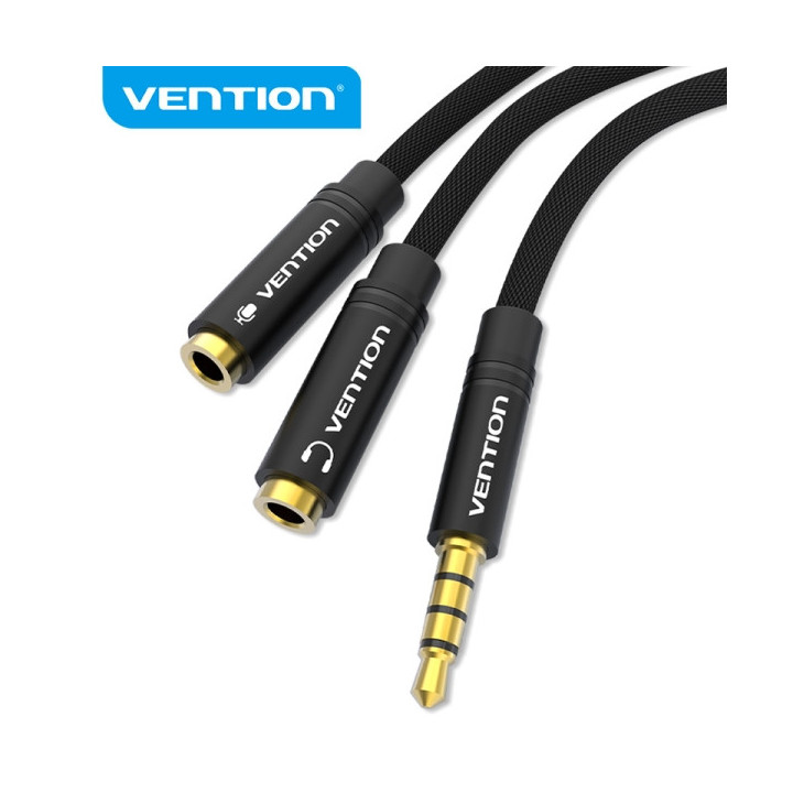 Vention Cable Divisor de Audio - Sincronizacion de Audio y Microfono - Tela Trenzada - Conector Escalonado - Color Negro