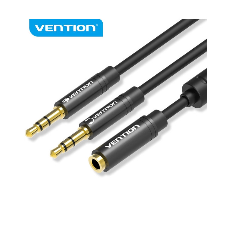 Vention Cable Estereo Negro - 2 en 1 Hembra a Doble Macho - Chapado en Oro - Conductor de Cobre Esmaltado - Carcasa de Aluminio