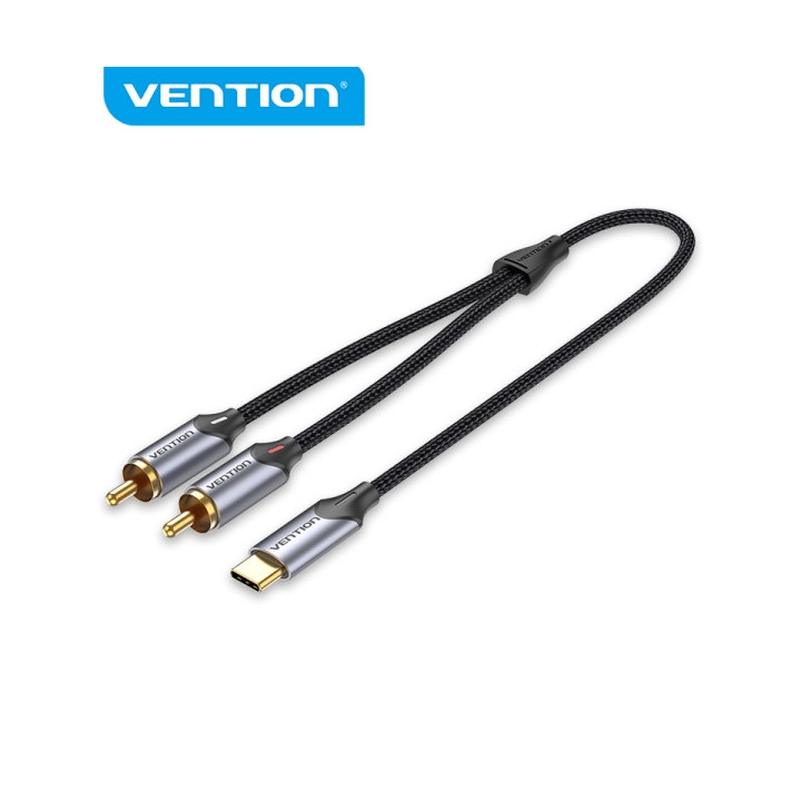 Vention Cable USB-C a 2 RCA - Cancelacion de Ruido Hi-Fi - Blindaje Multiple - Chip de Audio Jieli AC1297A - Color Gris