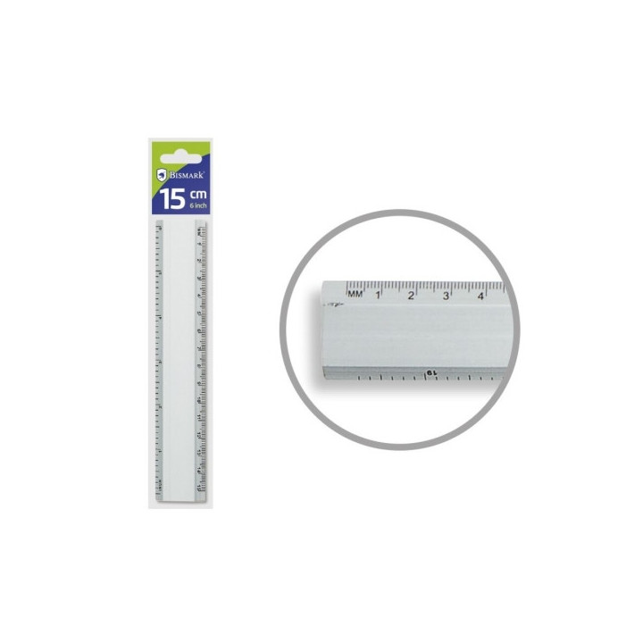 Bismark Regla Milimetrada 15cm - Fabricada en Aluminio - Con Bisel para las Lineas a Tinta - Color Aluminio