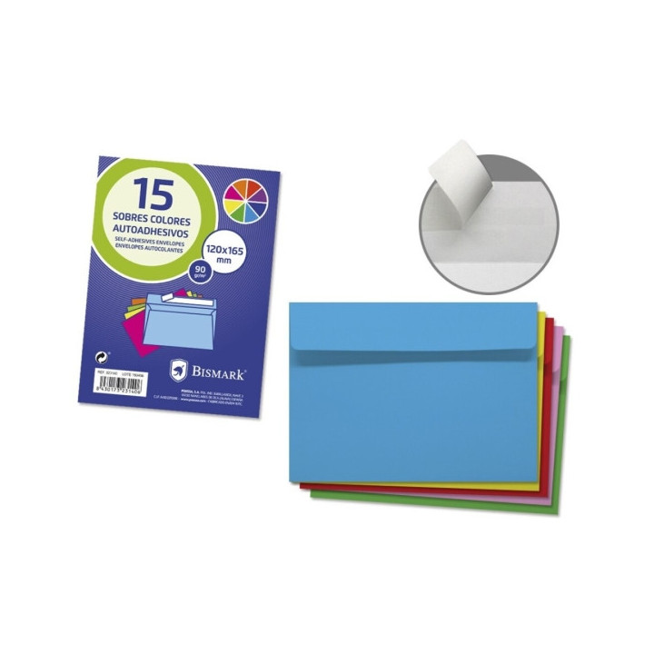 Bismark Pack de 15 Sobres de Papel 90gr - Medidas 120x165mm - Cierre Autoadhesivo - Colores Surtidos