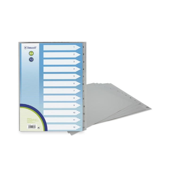 Bismark Indice Numerico con Pestañas del 1 al 12 - Multitaladro - Formato A4 - Fabricados en Polipropileno - Color Gris