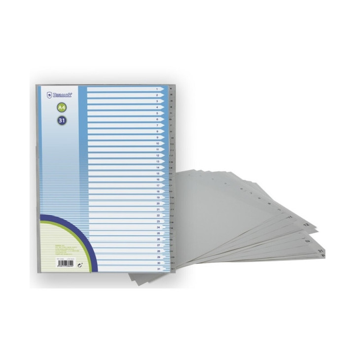 Bismark Indice Numerico con Pestañas del 1 al 31 - Multitaladro - Formato A4 - Fabricados en Polipropileno - Color Gris