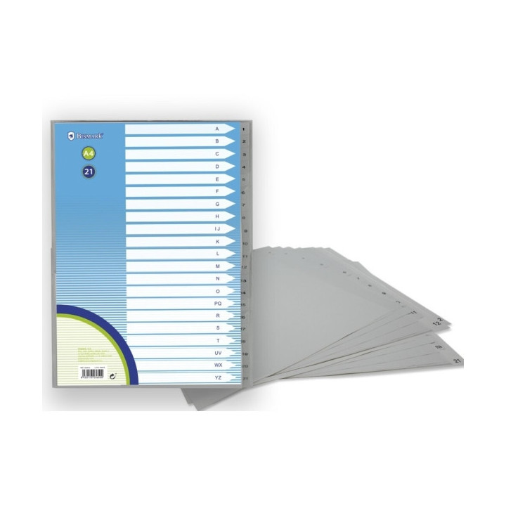 Bismark Indice Numerico con Pestañas del 1 al 21 - Multitaladro - Formato A4 - Fabricados en Polipropileno - Color Gris
