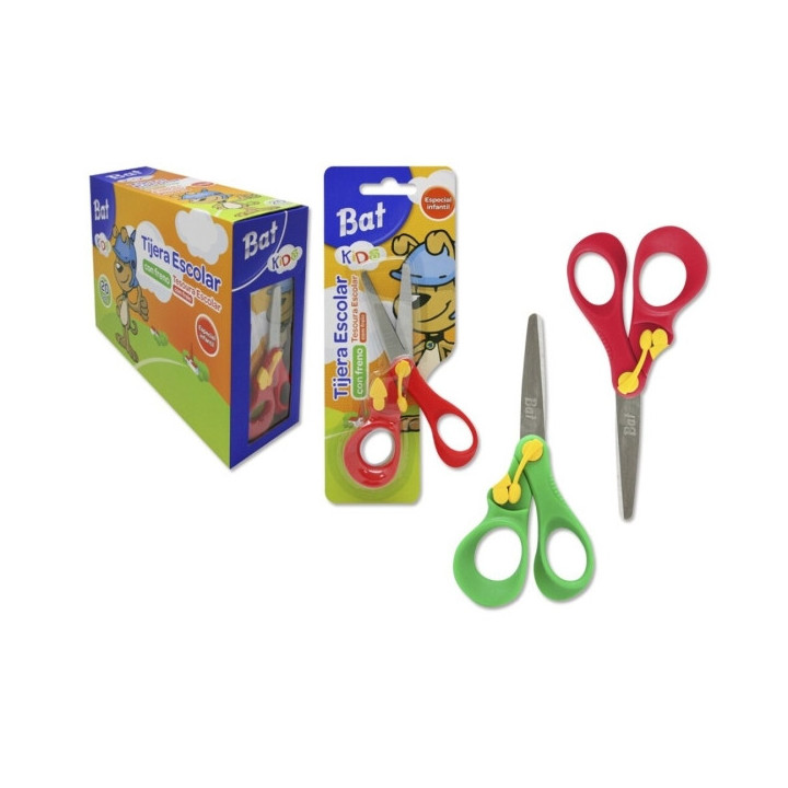 Bismark Bat Tijera Escolar 13cm con Freno Quality - Mangos en Plastico - Punta Roma - 2 Colores Surtidos