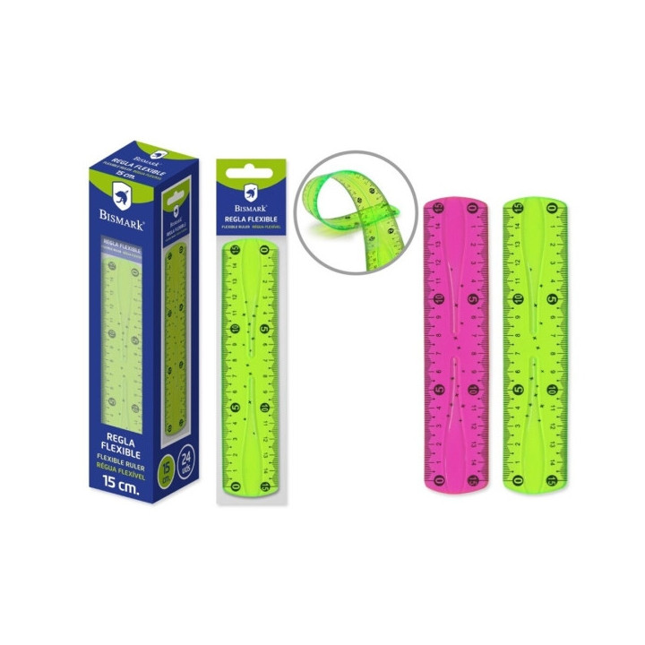 Bismark Regla Flexible 15cm - Fabricada en PVC - Ideal para Colegio - Colores Rosa y Verde Aleatorios